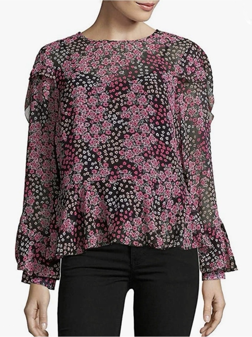 Nanette Lepore Black Blouse with Pink Floral Print
